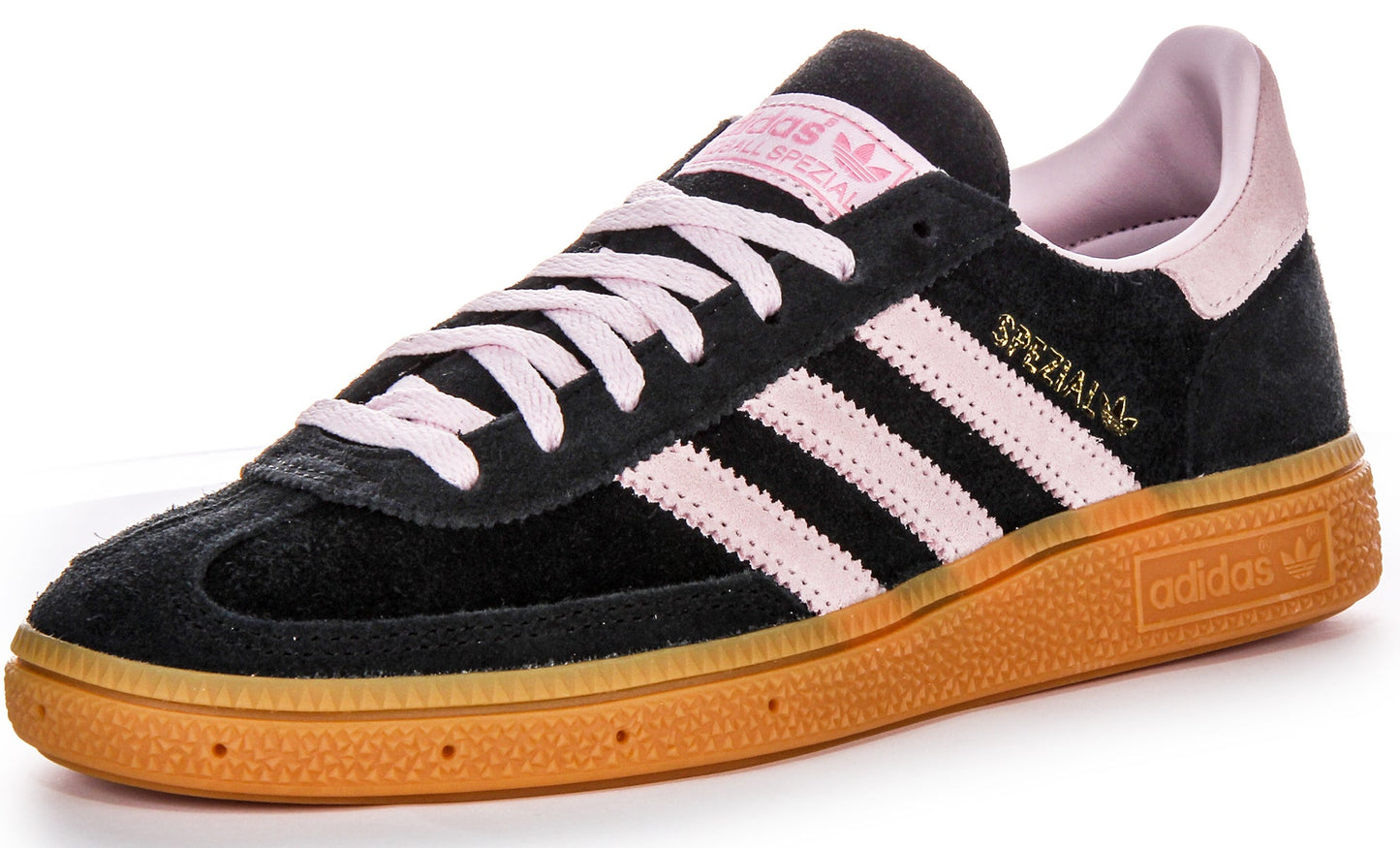 Baskets en cuir suédé pour femmes Adidas Handball Spezia avec semelle extérieure en gomme et empiècements synthétiques solaires en noir et rose