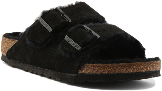 Birkenstock Arizona Shearling Sandale en daim à double lanière poure en noir