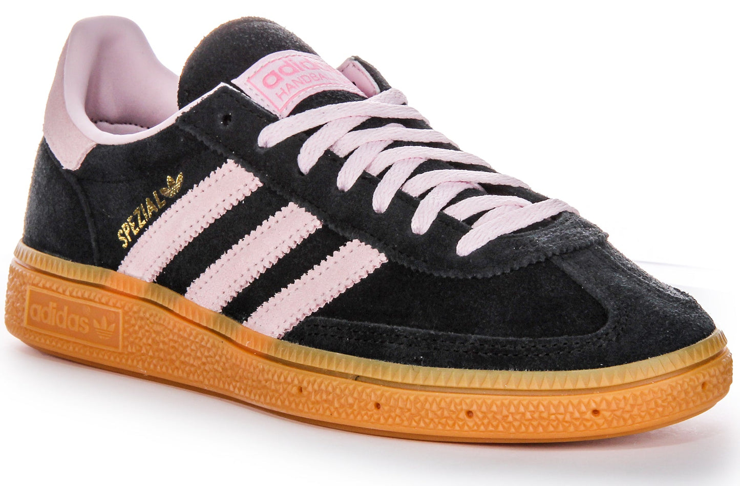 Baskets en cuir suédé pour femmes Adidas Handball Spezia avec semelle extérieure en gomme et empiècements synthétiques solaires en noir et rose