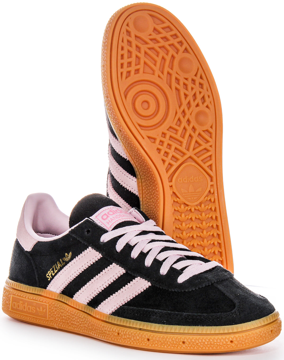 Baskets en cuir suédé pour femmes Adidas Handball Spezia avec semelle extérieure en gomme et empiècements synthétiques solaires en noir et rose