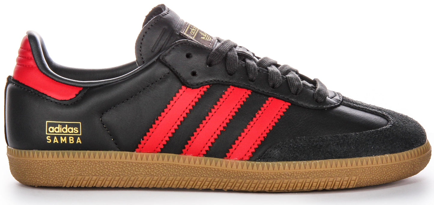Baskets en cuir pour hommes Adidas Samba OG 3 Stripes rétro avec contraste des années 70 en noir et rouge