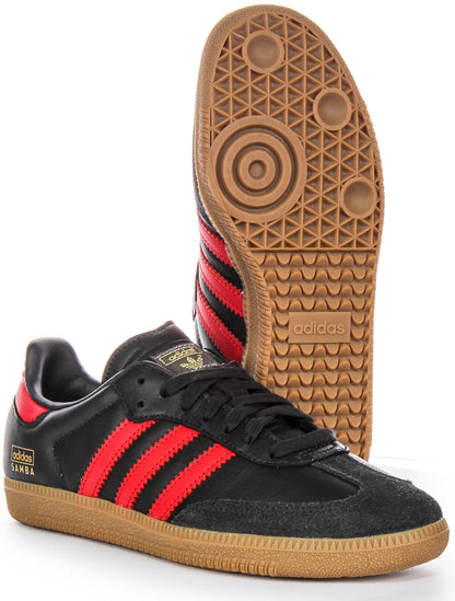 Baskets en cuir pour hommes Adidas Samba OG 3 Stripes rétro avec contraste des années 70 en noir et rouge