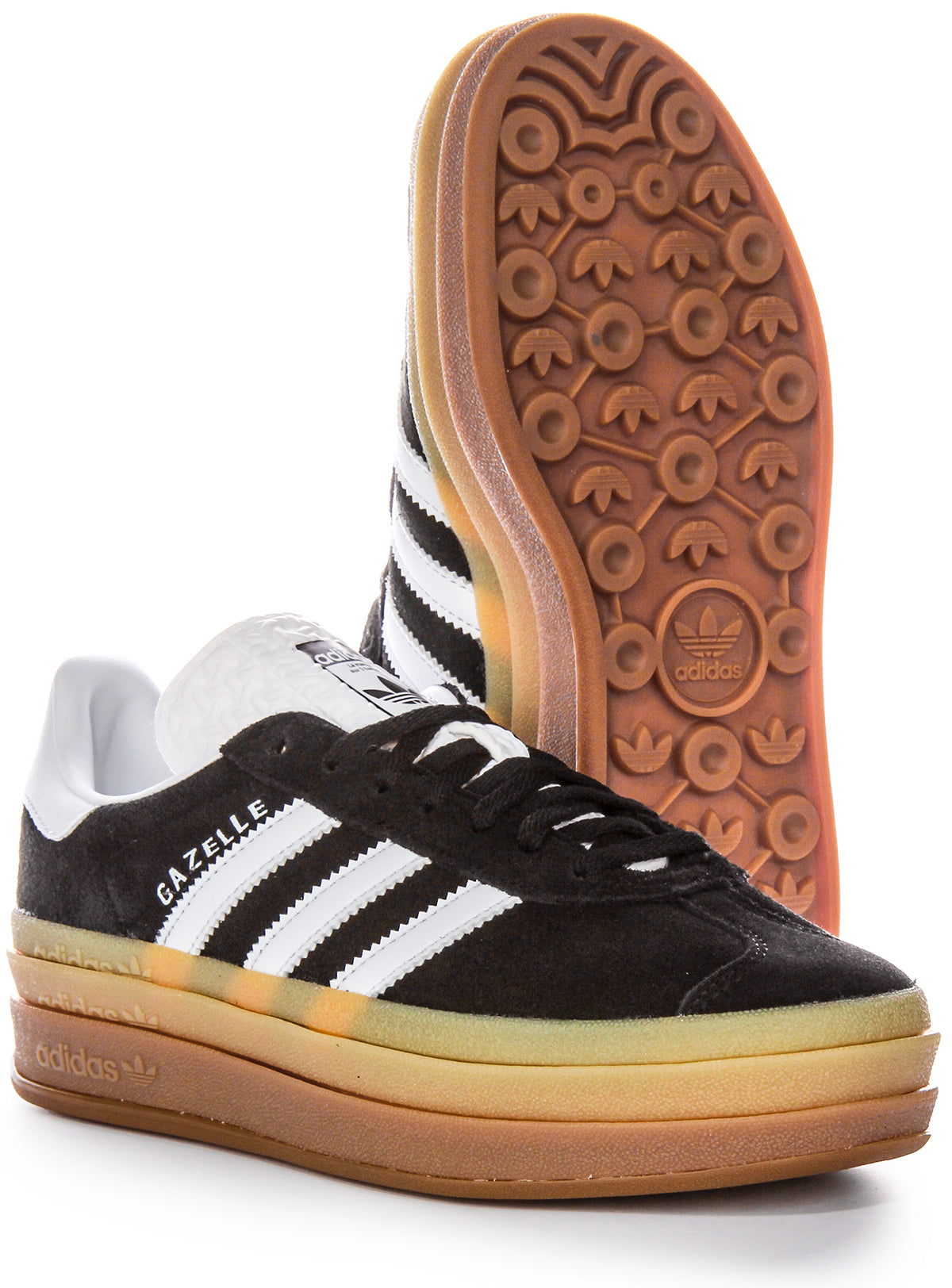 Baskets Adidas Gazelle Bold W Three Layers Q Pannel Gum Sole pour femmes en daim noir et blanc
