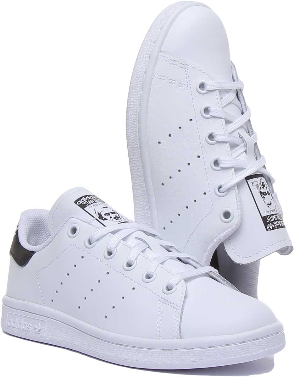 Adidas Stan Smith Baskets décontractées en cuir à lacets pour jeunes en blanc et noir